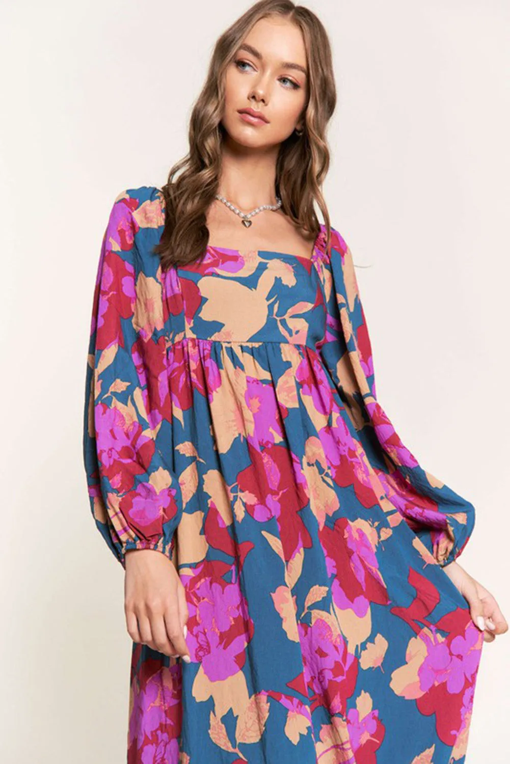 Multicolor Square Neck High Waist Ruffled Floral Dress