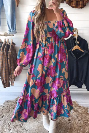 Multicolor Square Neck High Waist Ruffled Floral Dress