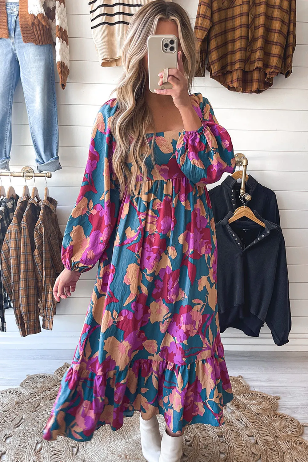 Multicolor Square Neck High Waist Ruffled Floral Dress