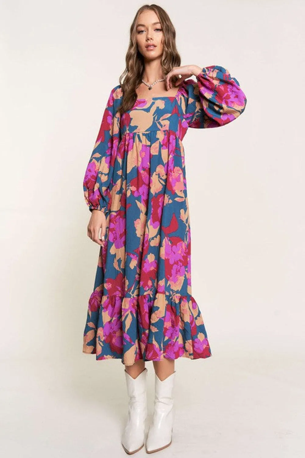 Multicolor Square Neck High Waist Ruffled Floral Dress