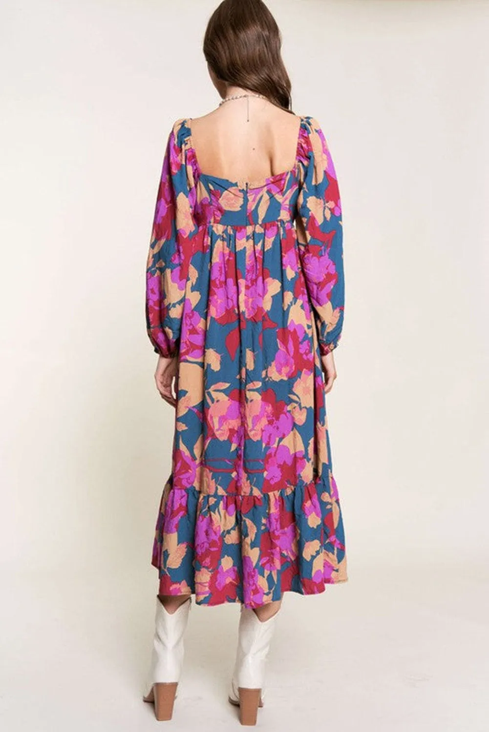 Multicolor Square Neck High Waist Ruffled Floral Dress