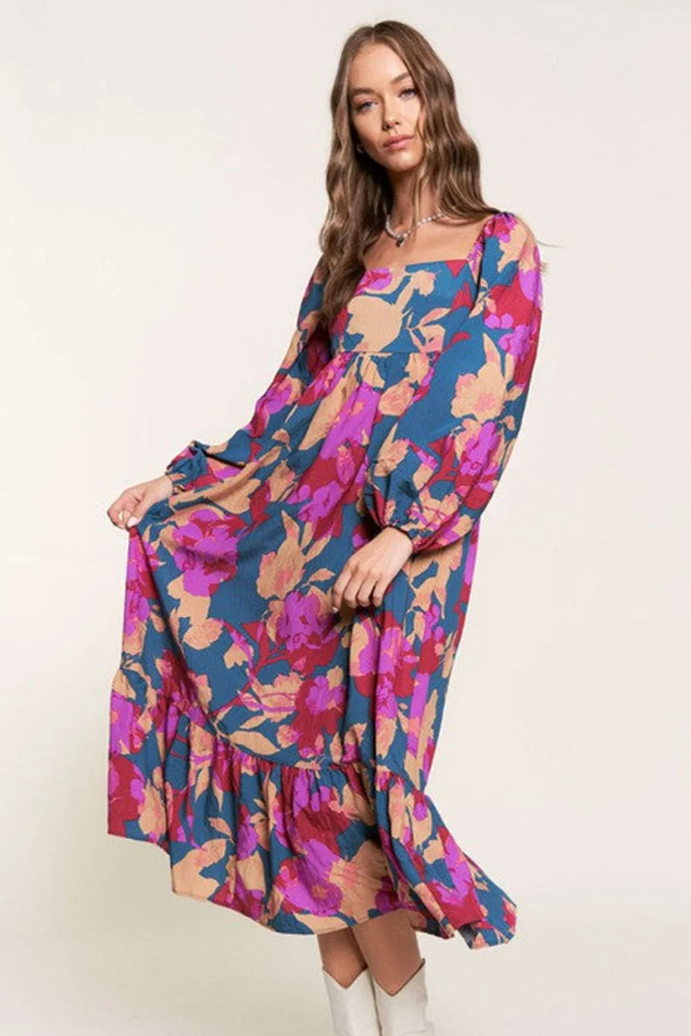 Multicolor Square Neck High Waist Ruffled Floral Dress
