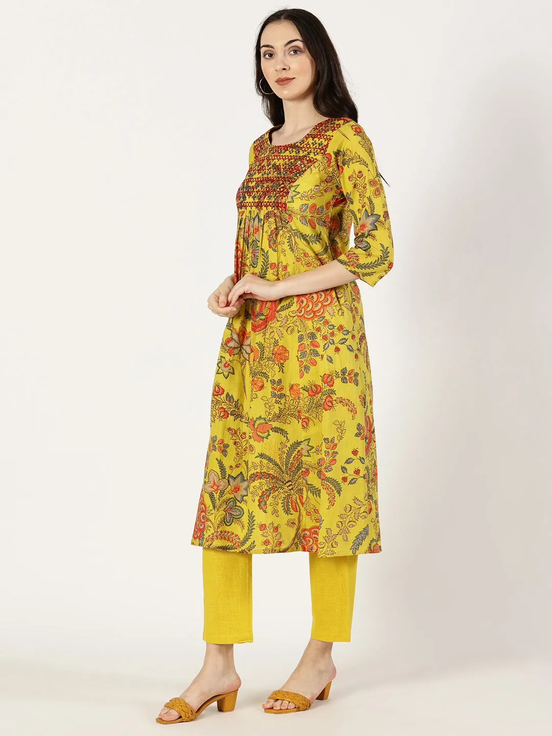 Mustard Floral Print Kurta with Neck Embroidery