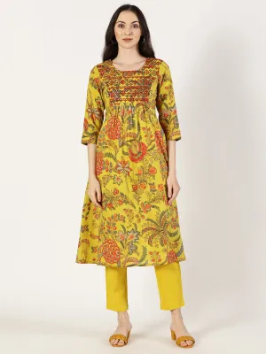 Mustard Floral Print Kurta with Neck Embroidery