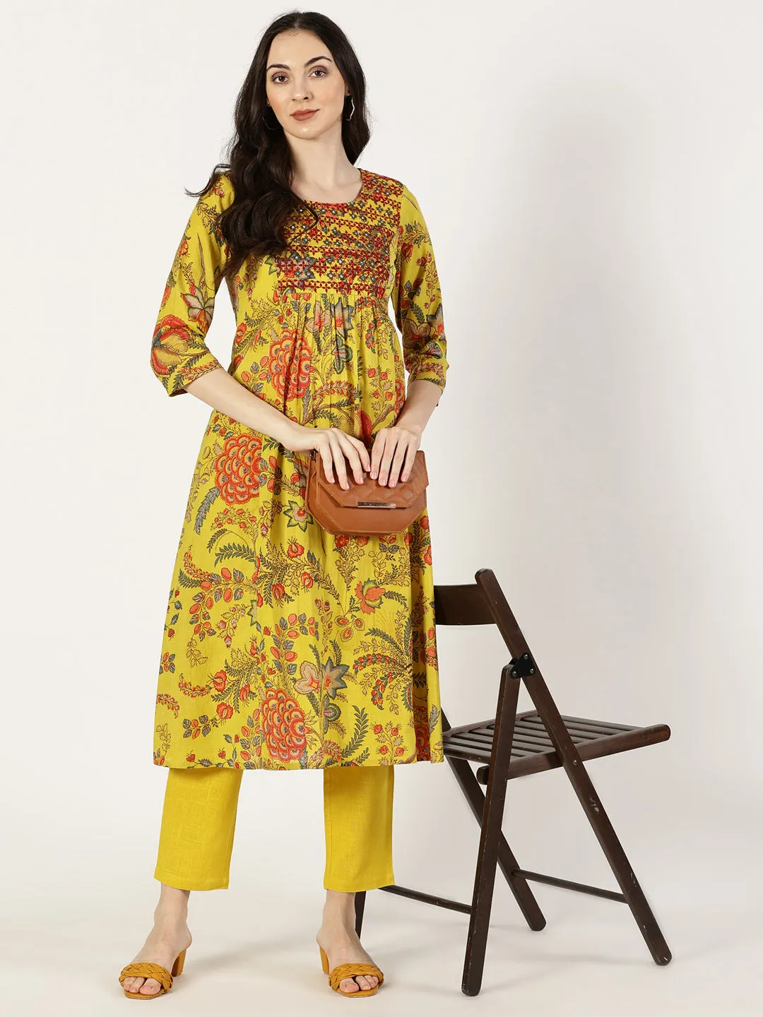 Mustard Floral Print Kurta with Neck Embroidery