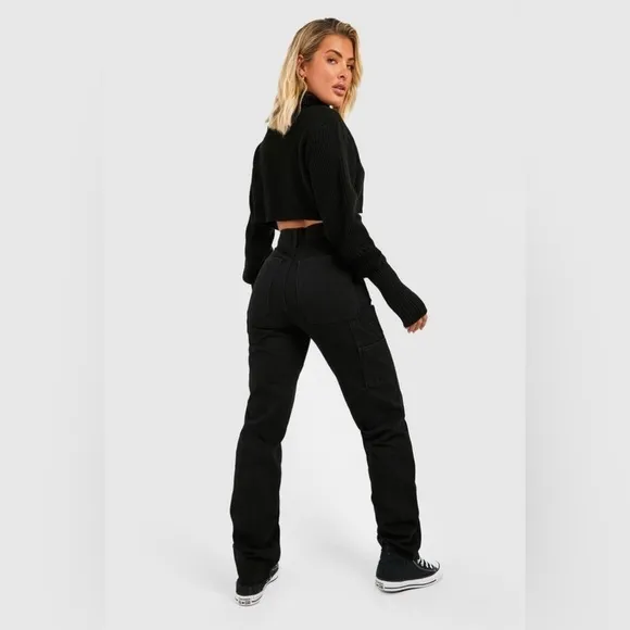 NWT BOOHOO Black Carpenter Jeans Straight Leg Size 4