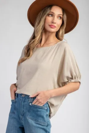 Oatmeal Elastic Dolman Linen Like Round Neck