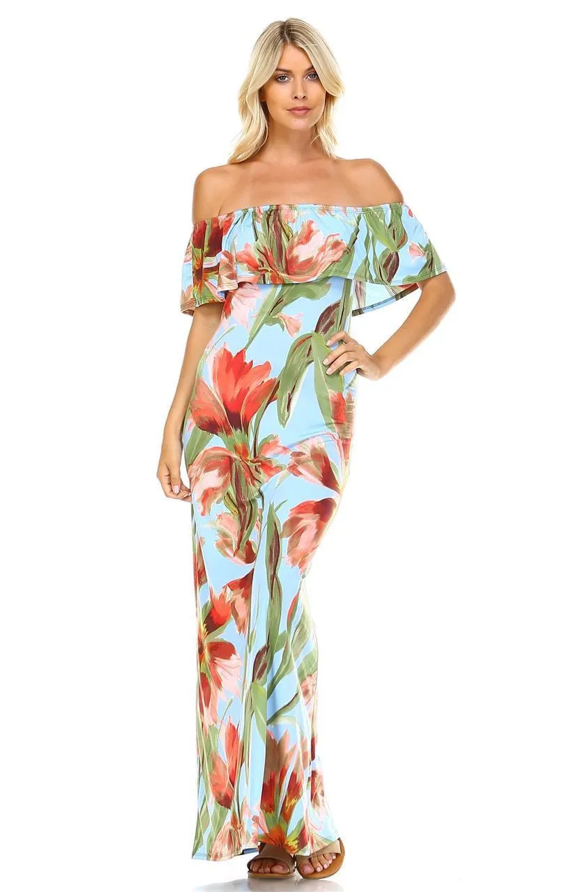 Off The Shoulder Fitted Maxi Dress Floral Flower Blue