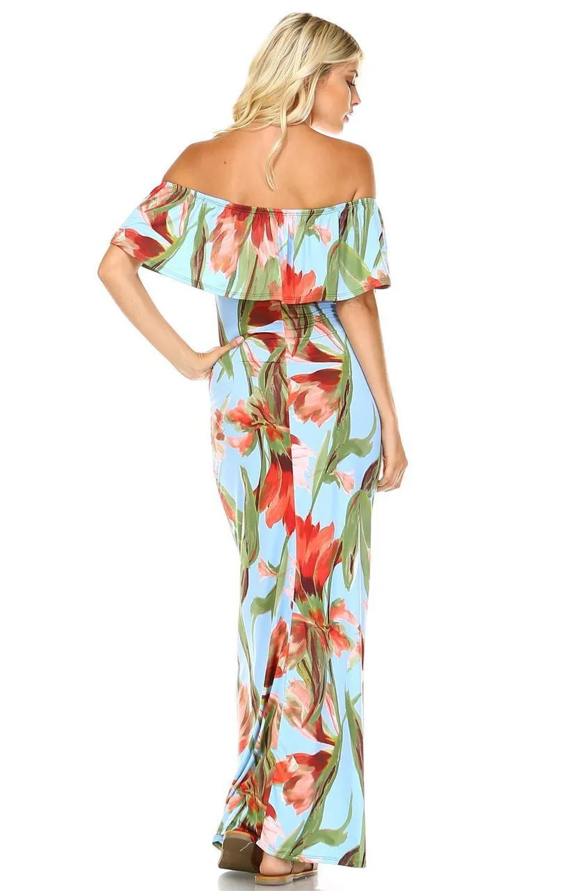 Off The Shoulder Fitted Maxi Dress Floral Flower Blue