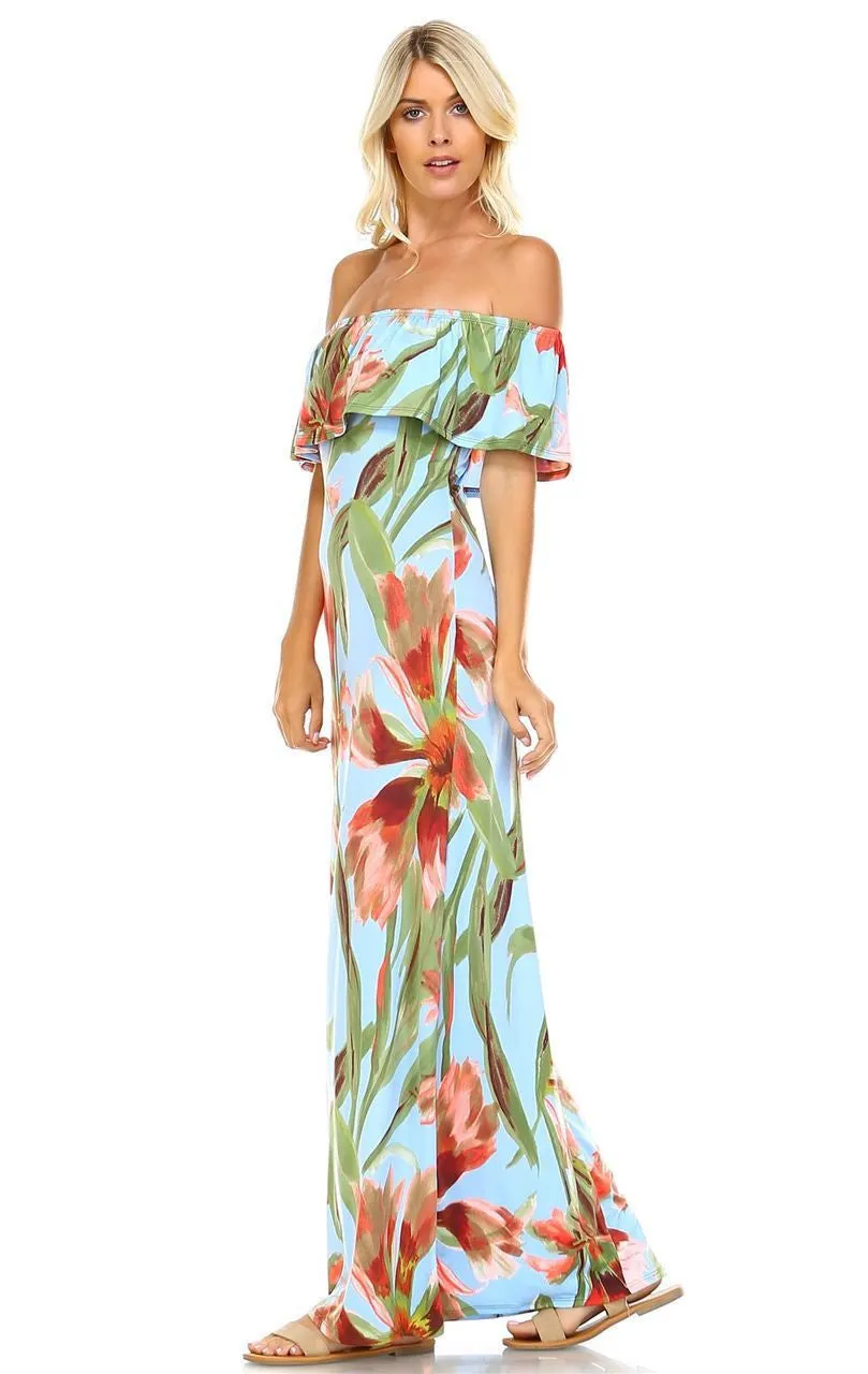 Off The Shoulder Fitted Maxi Dress Floral Flower Blue