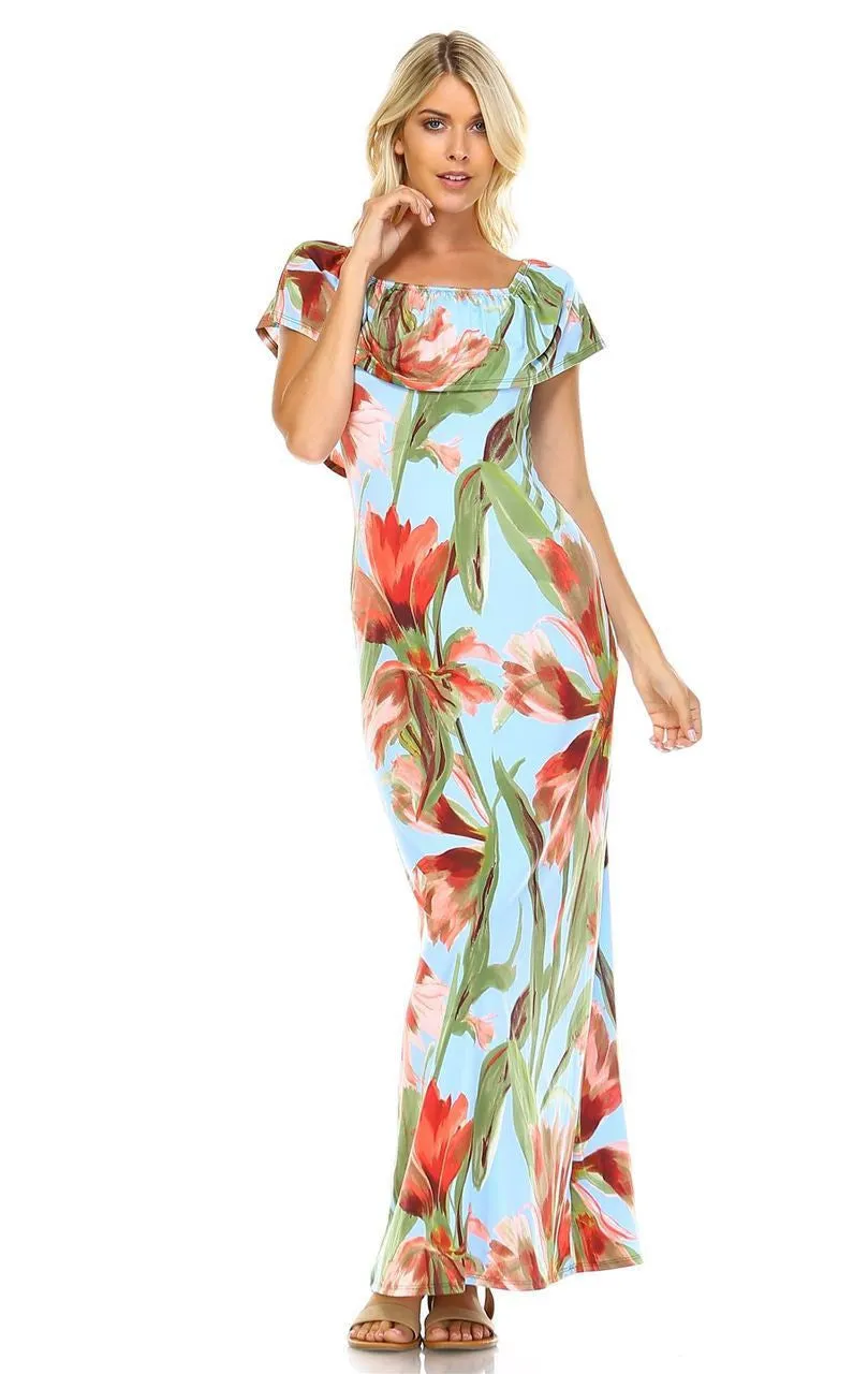 Off The Shoulder Fitted Maxi Dress Floral Flower Blue