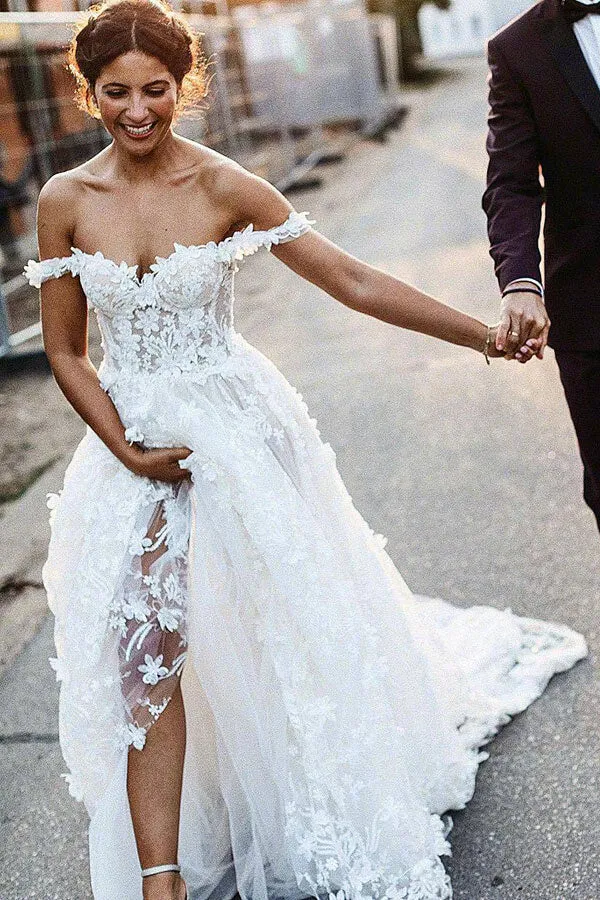 Off the Shoulder Lace Beach Wedding Dresses Rustic Boho Wedding Dress,MW317