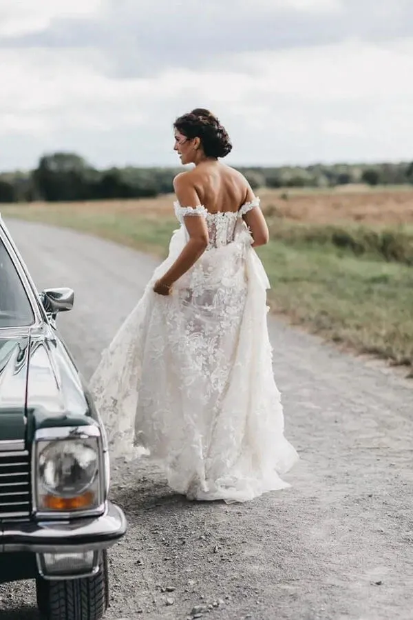 Off the Shoulder Lace Beach Wedding Dresses Rustic Boho Wedding Dress,MW317