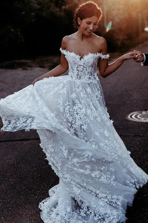 Off the Shoulder Lace Beach Wedding Dresses Rustic Boho Wedding Dress,MW317