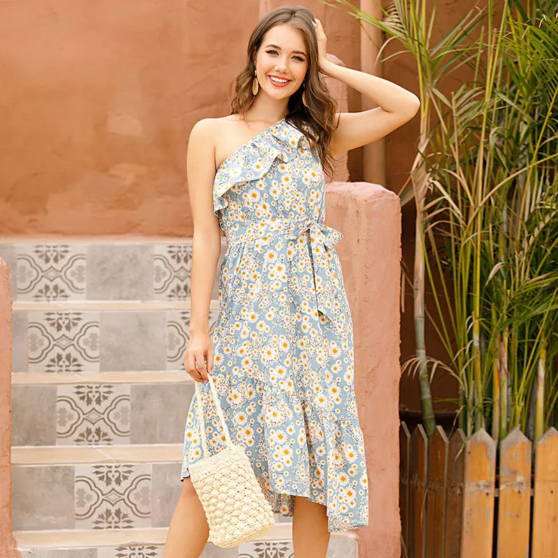 One Shoulder Daisy Floral Irregular Hem Midi Dresses