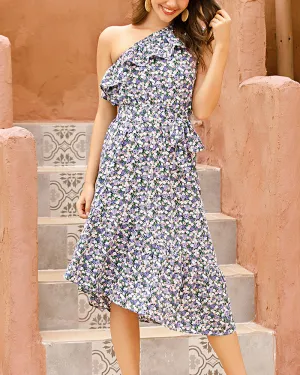 One Shoulder Daisy Floral Irregular Hem Midi Dresses