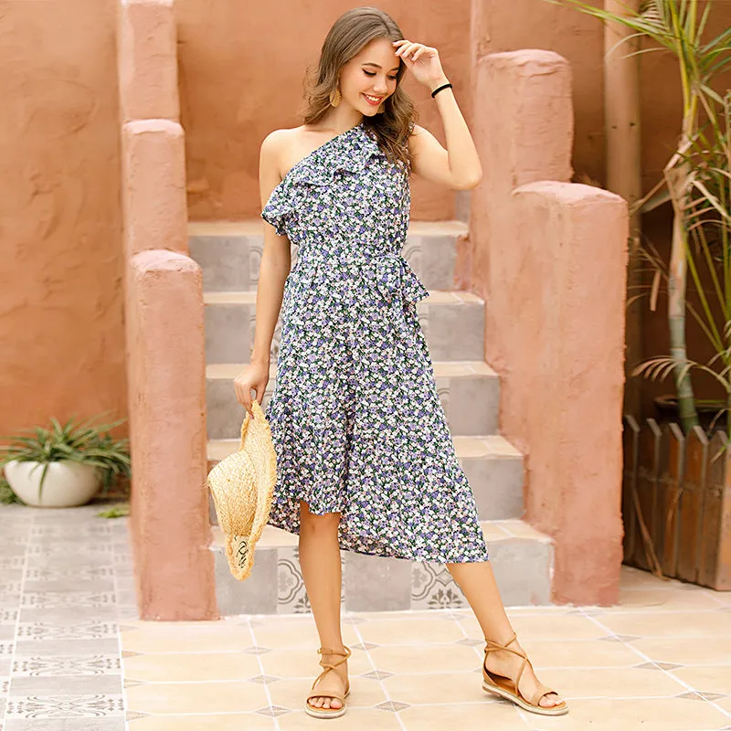 One Shoulder Daisy Floral Irregular Hem Midi Dresses