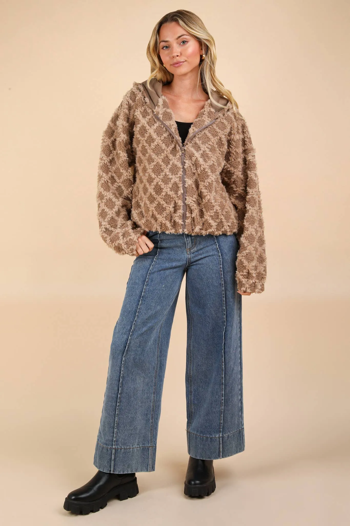 Oversized Fuzzy Fur Textured Knit Hoodie Jacket: Mocha
