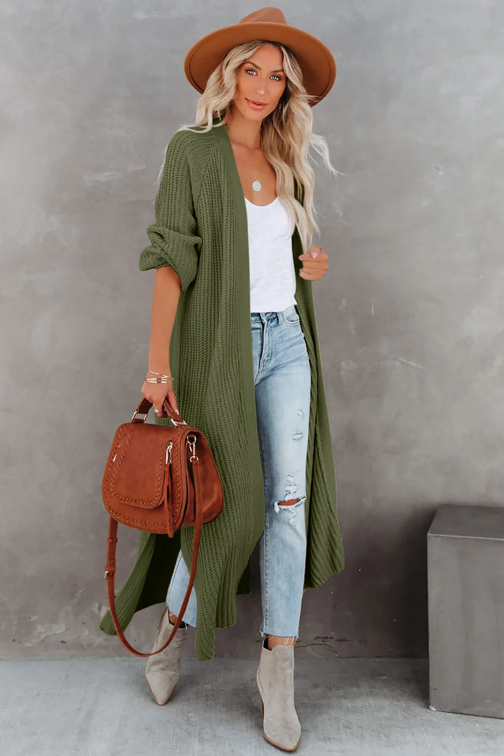 Pickle Green Open Front Side Slit Duster Knit Cardigan