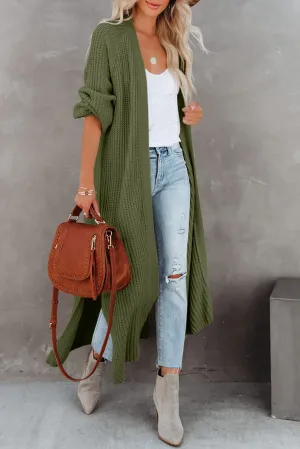 Pickle Green Open Front Side Slit Duster Knit Cardigan