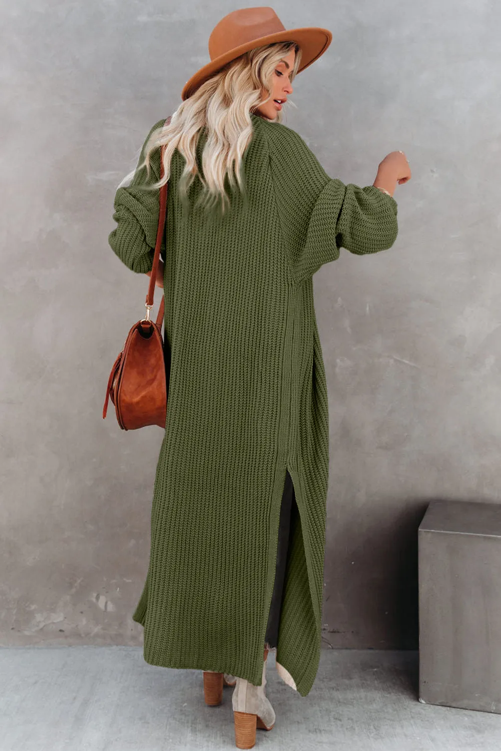 Pickle Green Open Front Side Slit Duster Knit Cardigan