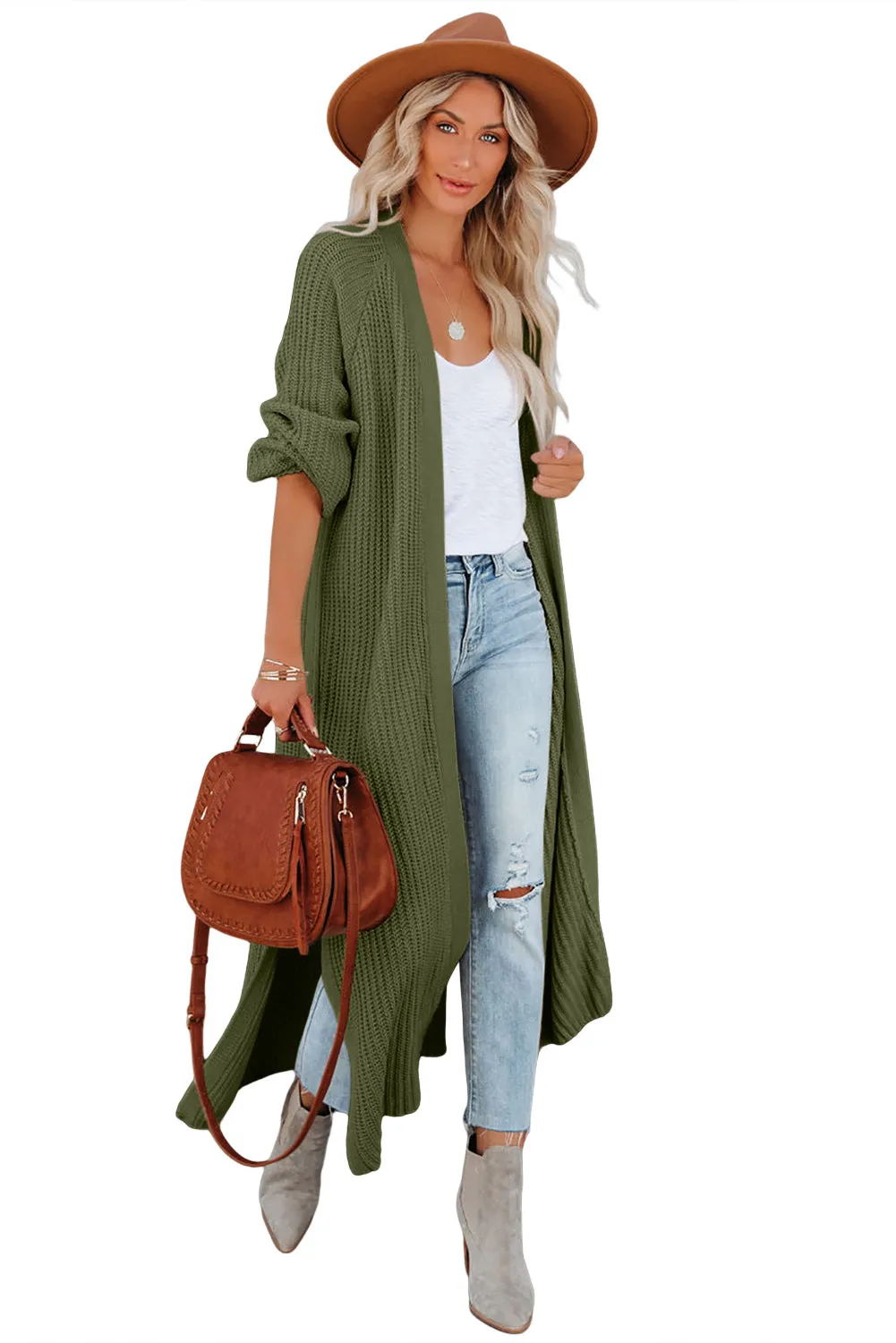 Pickle Green Open Front Side Slit Duster Knit Cardigan