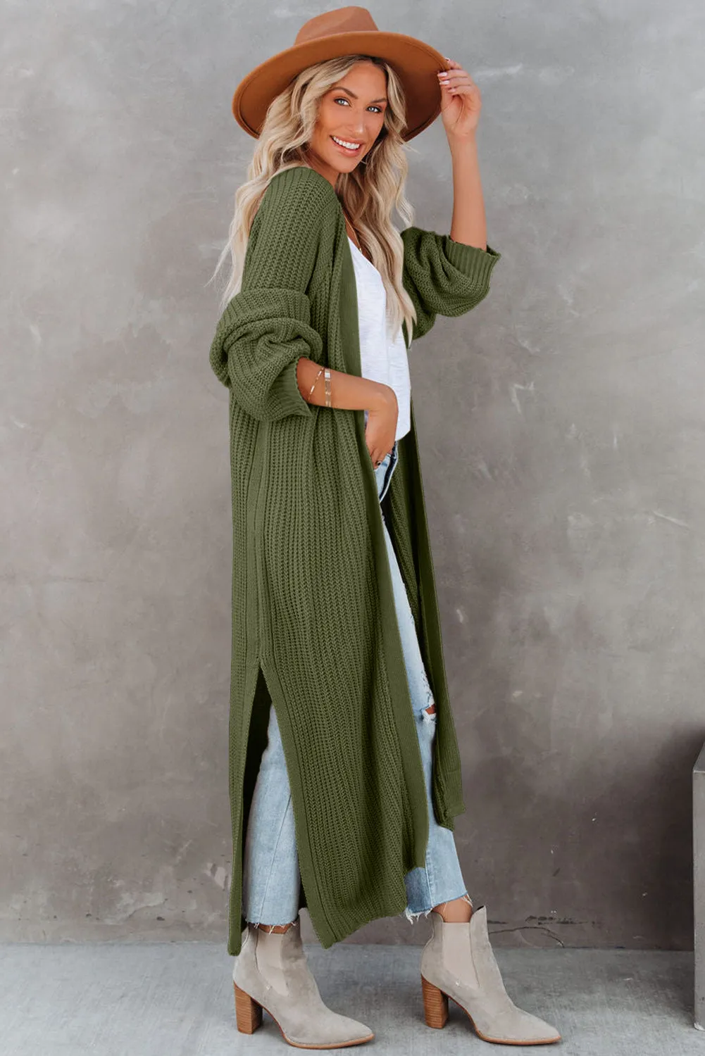 Pickle Green Open Front Side Slit Duster Knit Cardigan