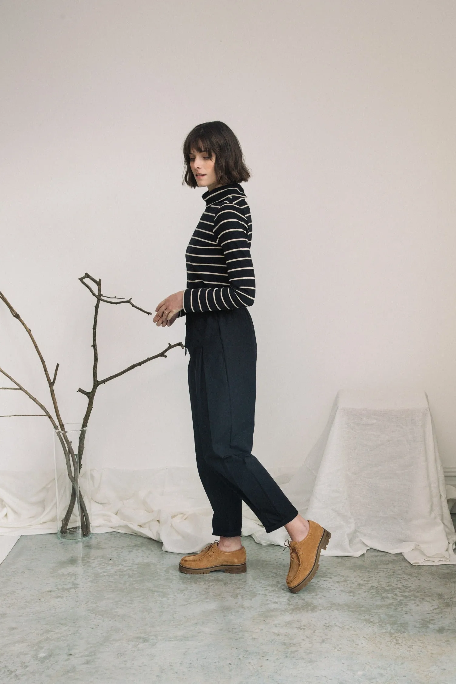 Pine-Sue Organic Cotton Stripe Jersey Top in Black and Sand