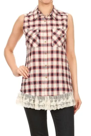 Plaid Front Pocket Laced-Hem Top Navy Red - Pack of 6