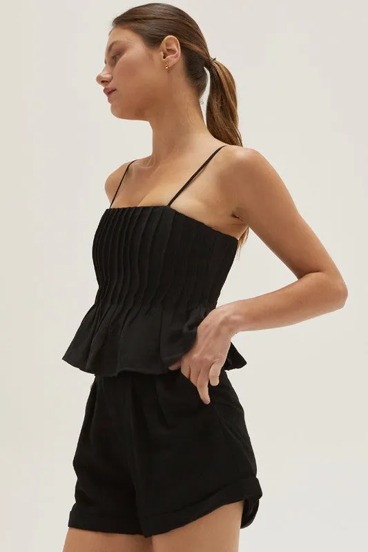 Pleated Sleeveless Linen Crop Top Length