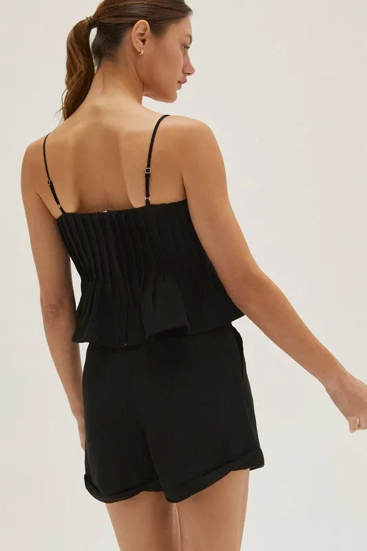 Pleated Sleeveless Linen Crop Top Length