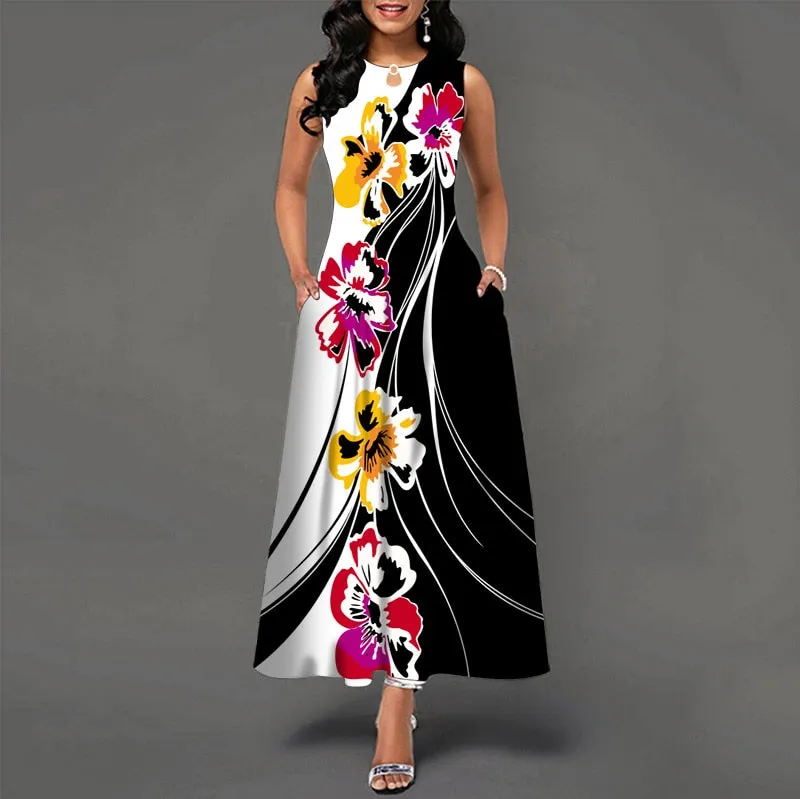Plus Size Womens Beautiful Floral Sleeveless Maxi Dress