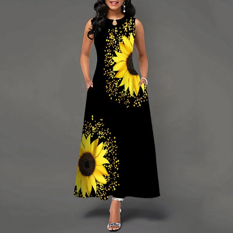 Plus Size Womens Beautiful Floral Sleeveless Maxi Dress