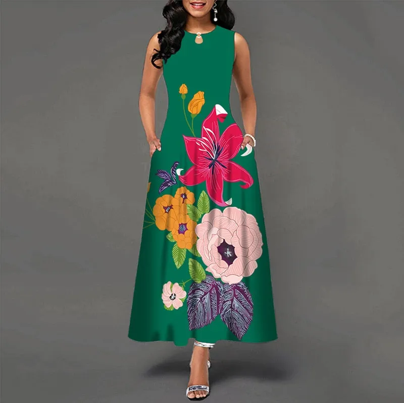 Plus Size Womens Beautiful Floral Sleeveless Maxi Dress