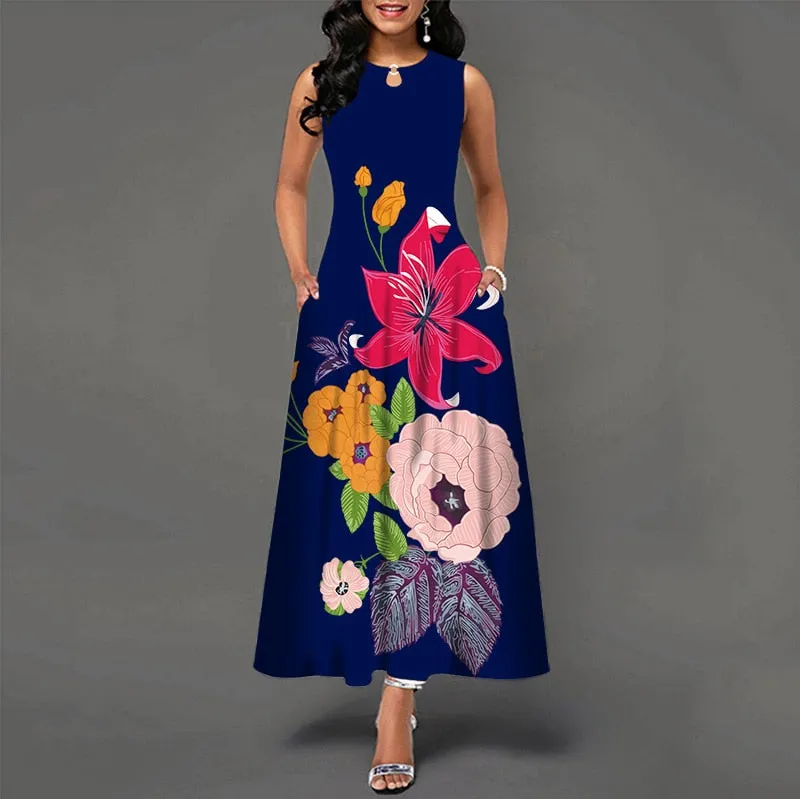 Plus Size Womens Beautiful Floral Sleeveless Maxi Dress