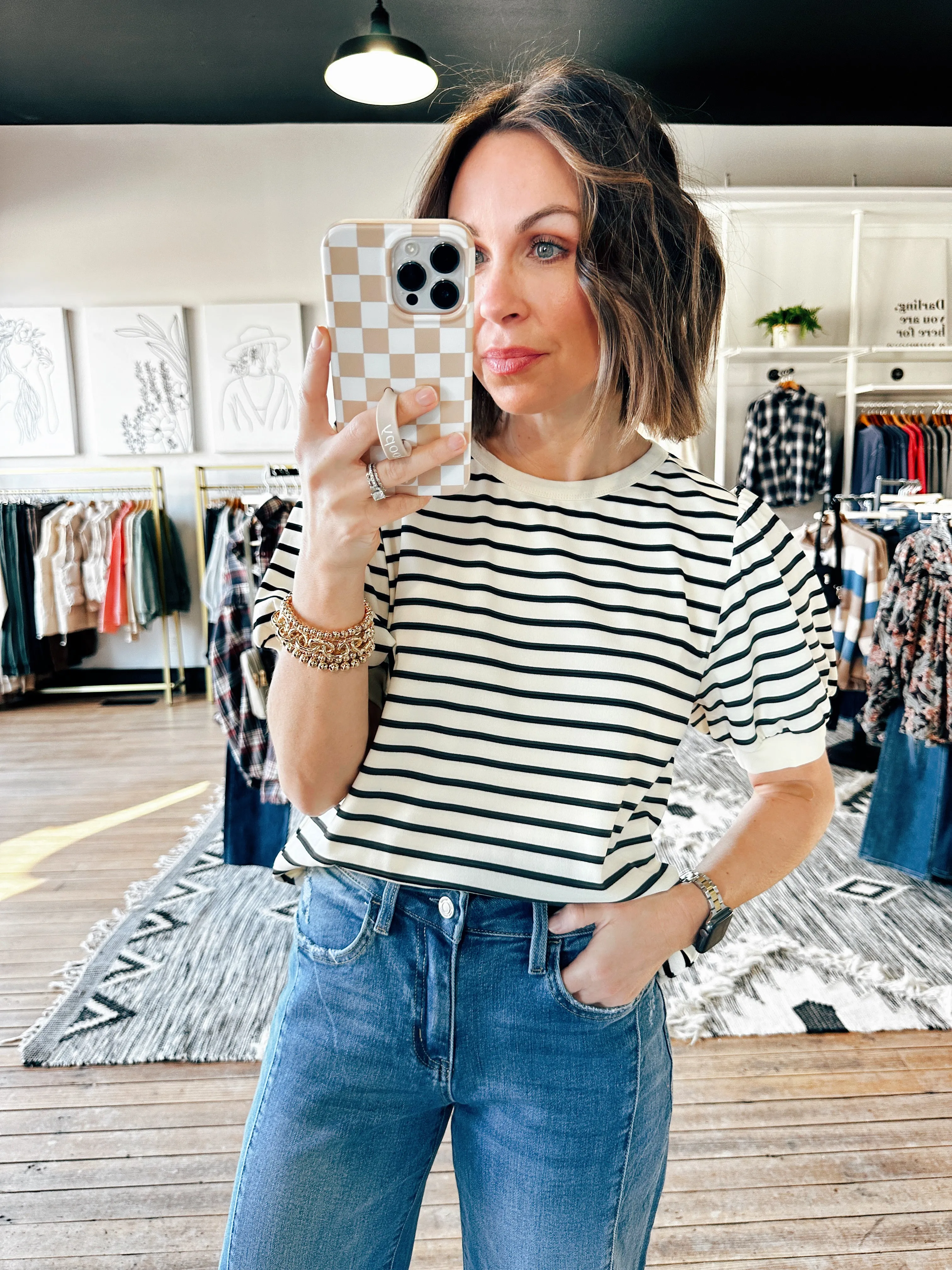 Port Striped Bubble Sleeve Top - 2 Colors