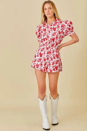 Puff Shoulder Floral Print Romper
