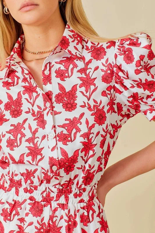 Puff Shoulder Floral Print Romper