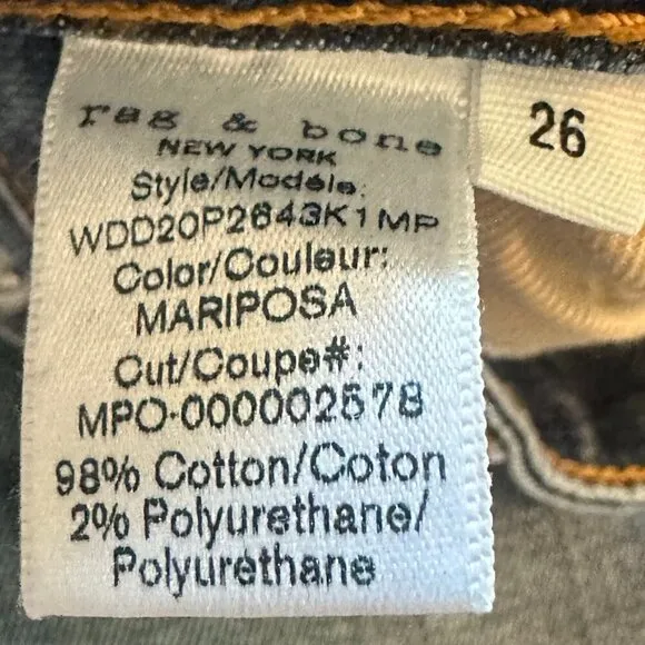 Rag &amp; Bone Dre Low-Rise Slim Boyfriend Jeans Pants Mariposa Size 26 Women's NWOT