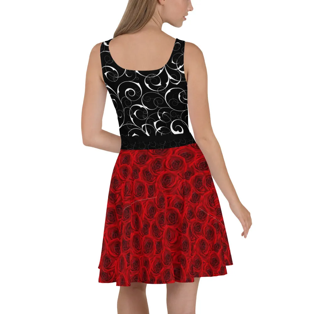Red Roses and Black Swirls - Skater Dress