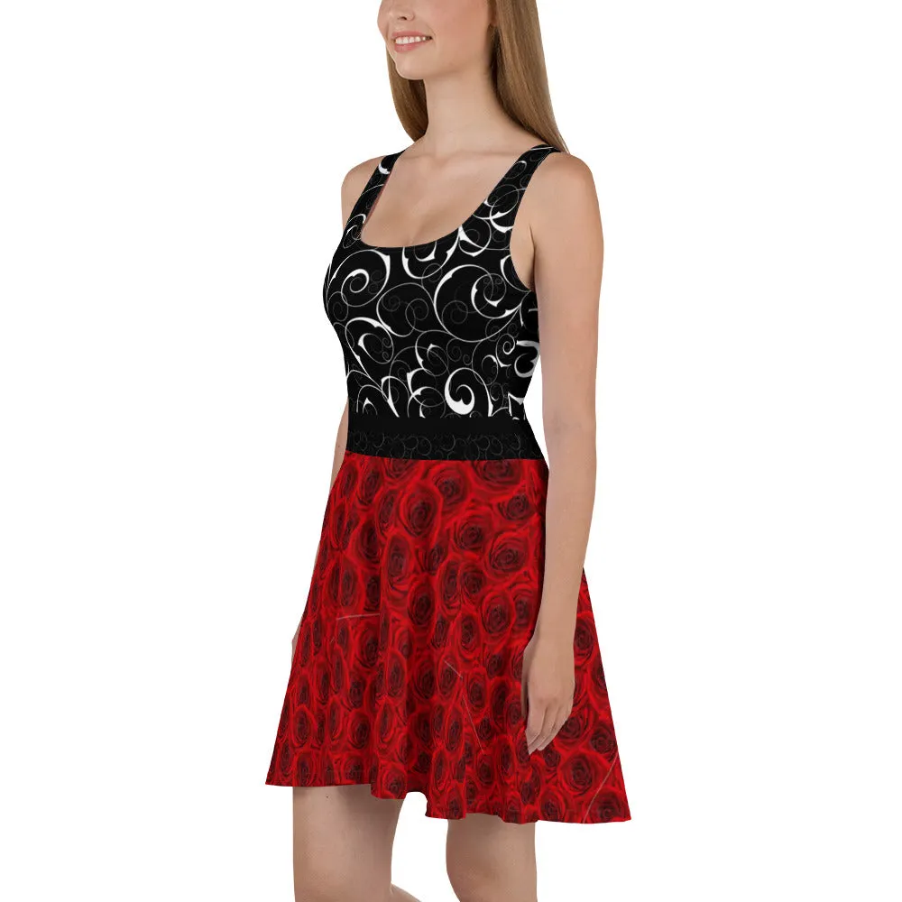 Red Roses and Black Swirls - Skater Dress