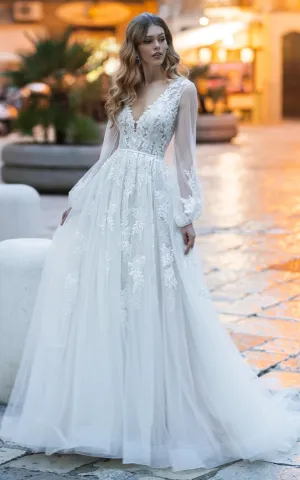 Romantic V-neck A Line Lace Court Train Wedding Dress with Appliques-716102