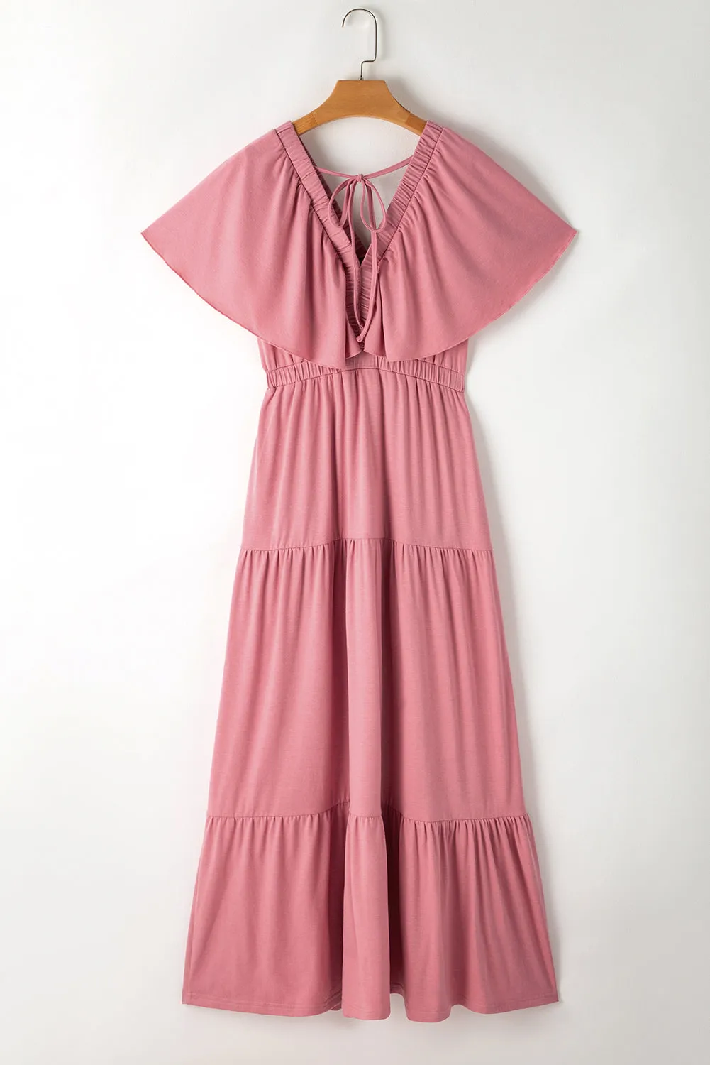 Rose Pink Textured V Neck Flutter Sleeve Ruffled Maxi Dress