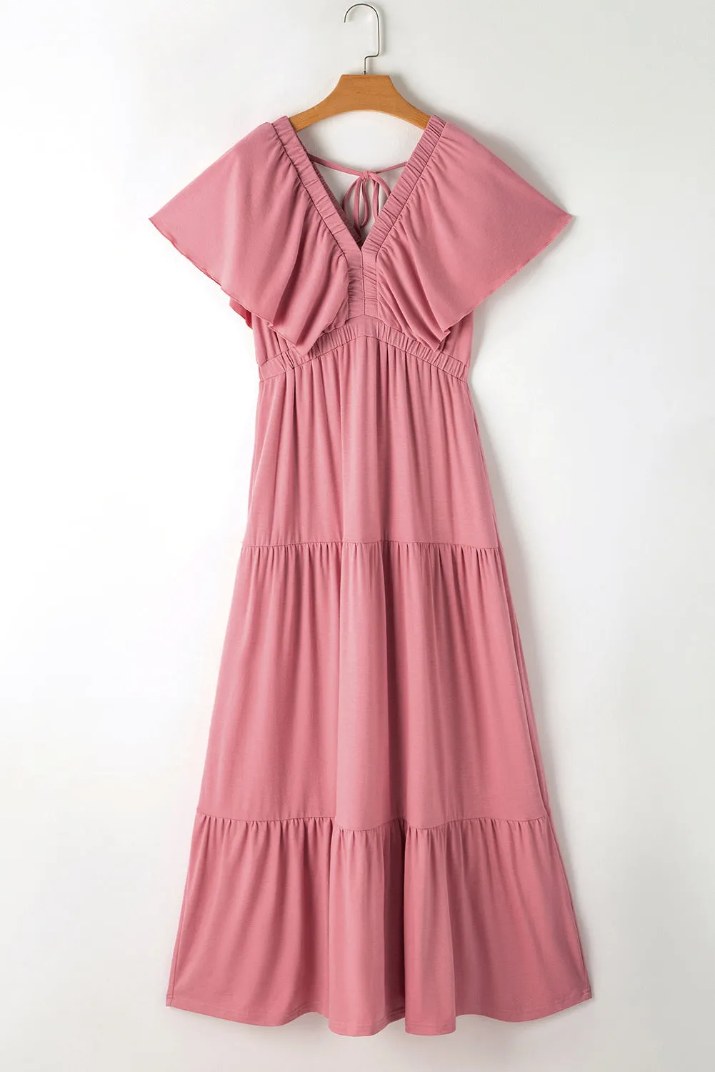 Rose Pink Textured V Neck Flutter Sleeve Ruffled Maxi Dress