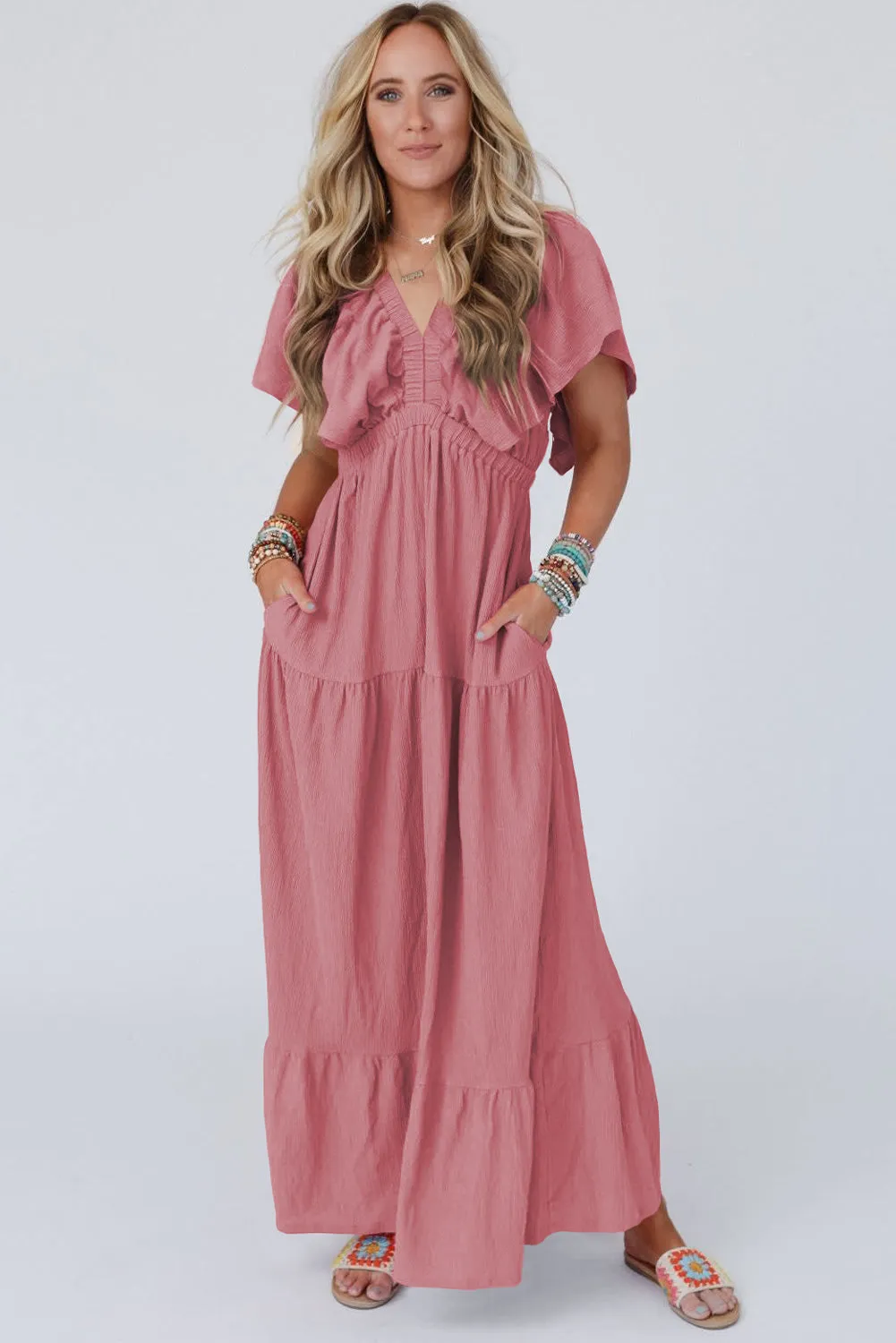 Rose Pink Textured V Neck Flutter Sleeve Ruffled Maxi Dress