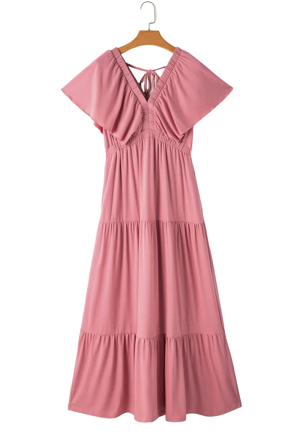 Rose Pink Textured V Neck Flutter Sleeve Ruffled Maxi Dress