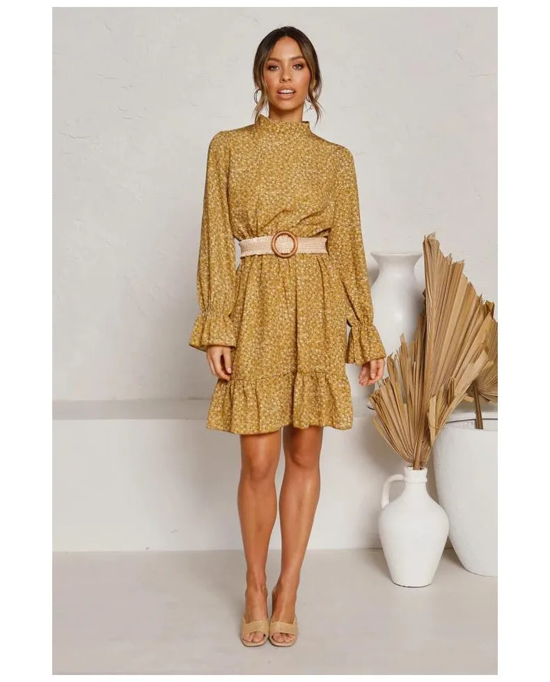Round Neck Ruffles Floral Long Sleeves Mini Dresses