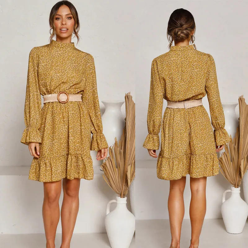 Round Neck Ruffles Floral Long Sleeves Mini Dresses