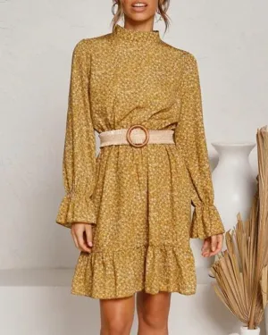 Round Neck Ruffles Floral Long Sleeves Mini Dresses