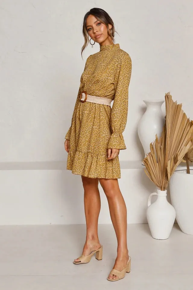 Round Neck Ruffles Floral Long Sleeves Mini Dresses